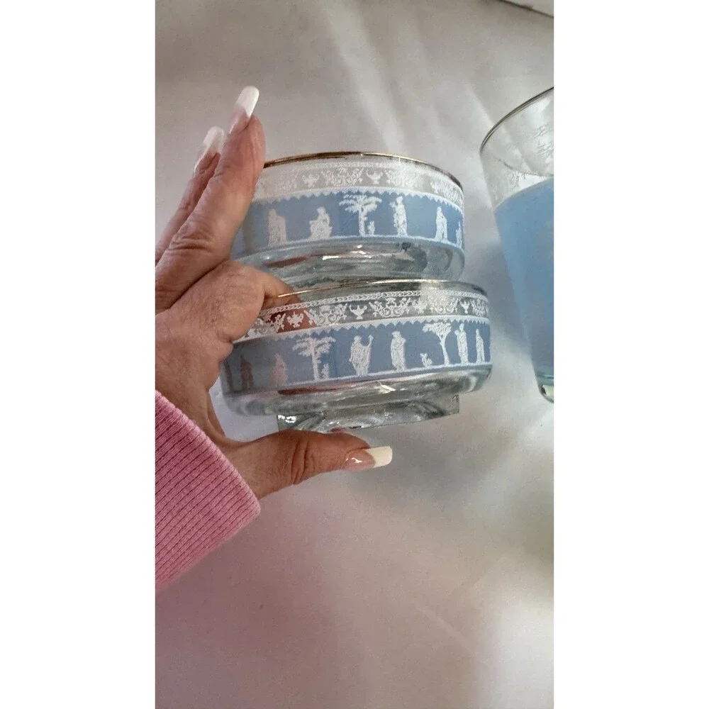 Jeanette Glass Hellenic Wedgwood Blue Grecian 2 Bowls/Trays Open Bowl (Ice)